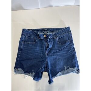 AERO High Rise Midi Denim Jean Shorts Women's Size 14 Blue Raw Hem Stretch